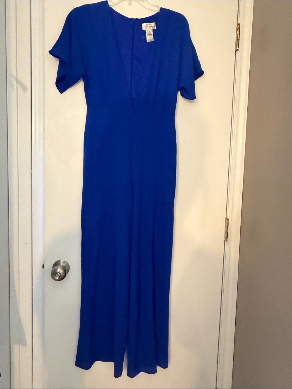 Low plunge short sleeve jumpsuit in royal blue